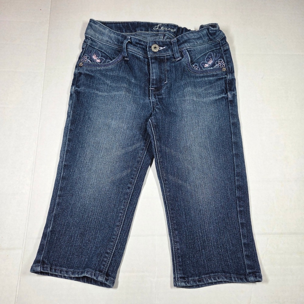 Levis Girls Size 10 Denim Capri Jeans Floral Embroidered Adjustable Waist Blue